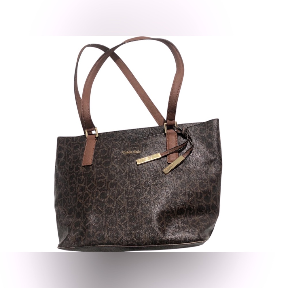 Calvin Klein Dark Brown Monogram Tote with Dual Straps